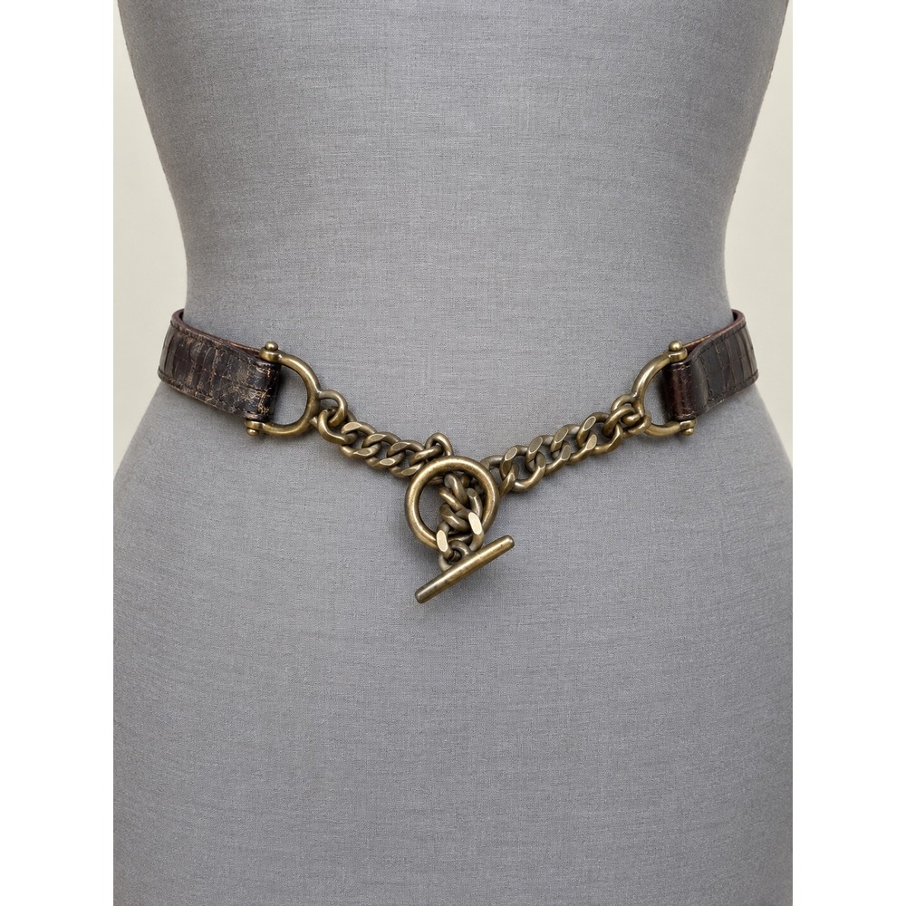 Suzi Roher Brown Croc Embossed Leather Chain Toggle Belt Antique Brass Medium